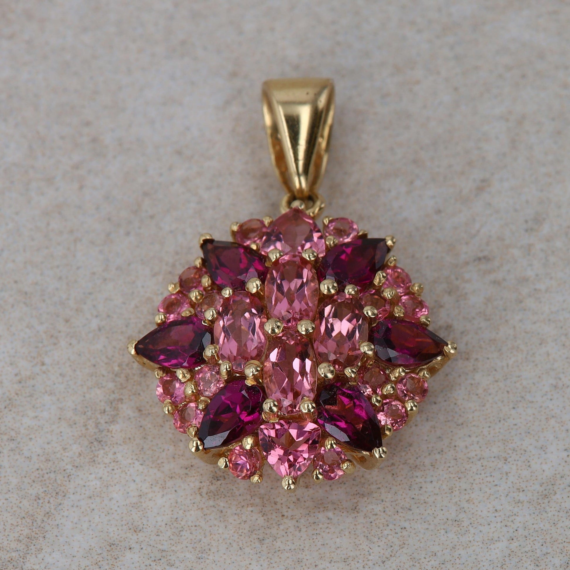 14k Yellow Gold Pink Tourmaline and Garnet Cluster Pendant