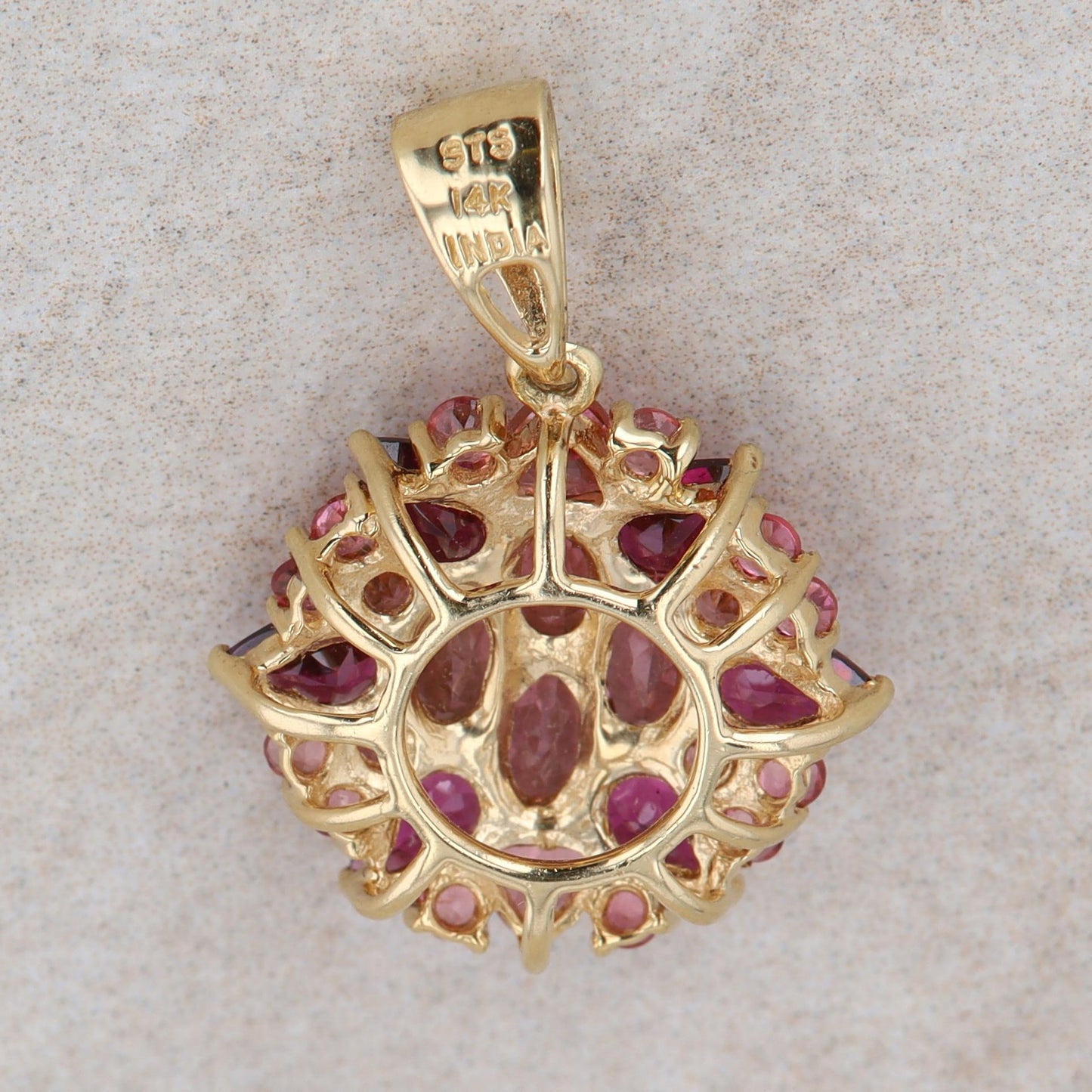 14k Yellow Gold Pink Tourmaline and Garnet Cluster Pendant