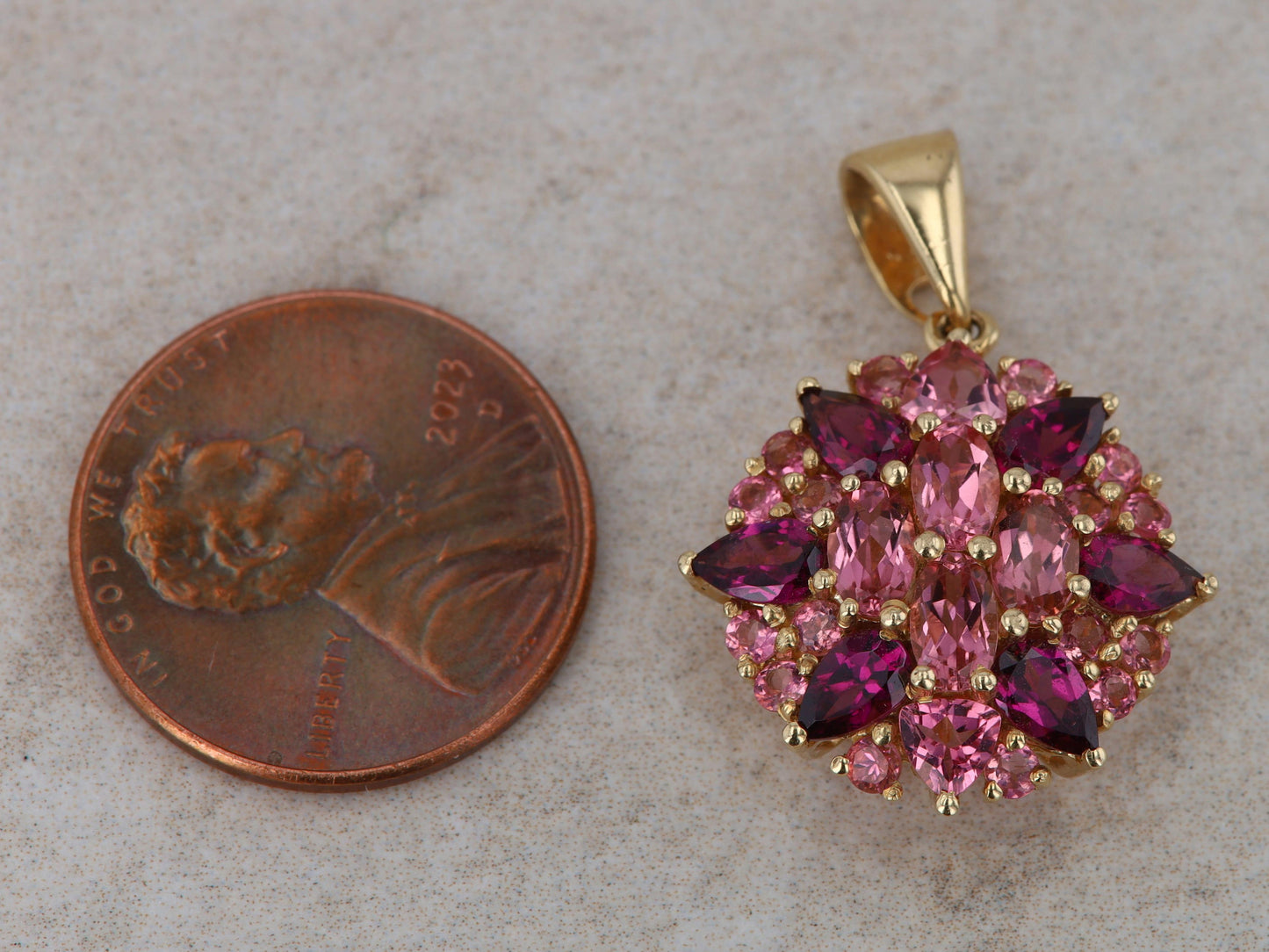 14k Yellow Gold Pink Tourmaline and Garnet Cluster Pendant