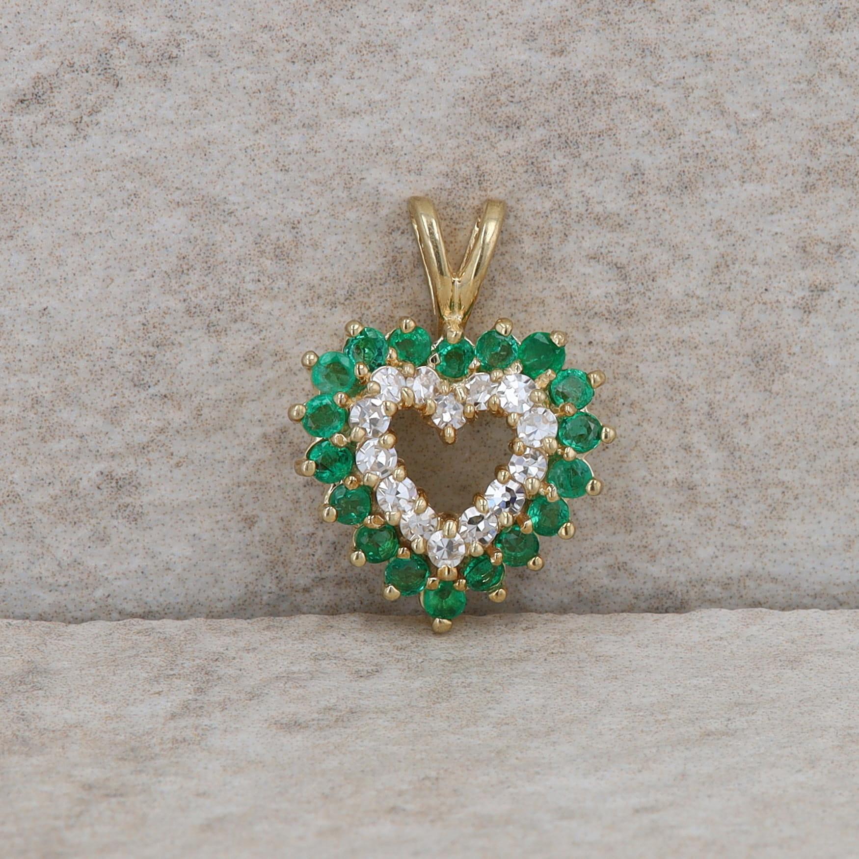 14k Yellow Gold Emerald and Diamond Double Row Heart Pendant