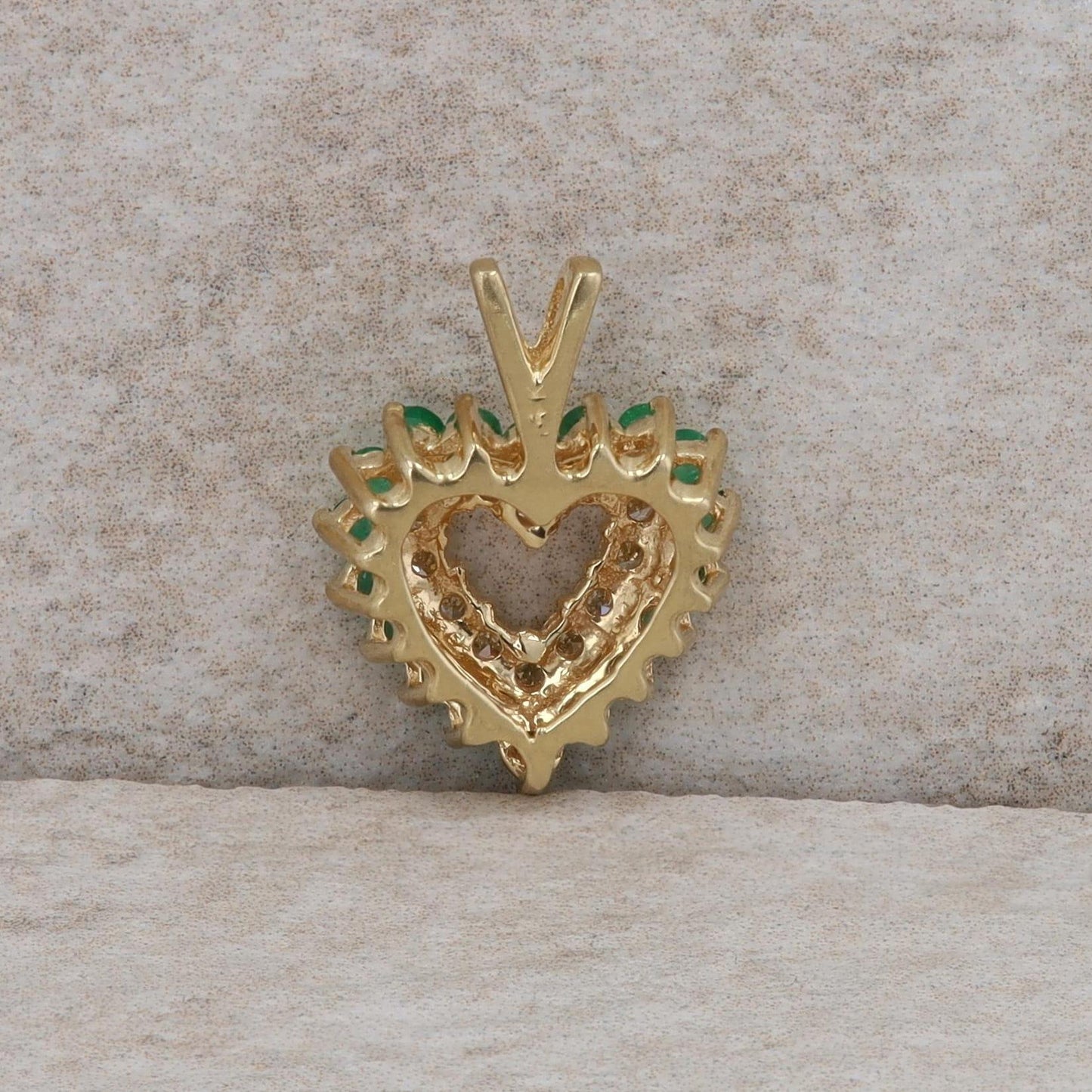 14k Yellow Gold Emerald and Diamond Double Row Heart Pendant