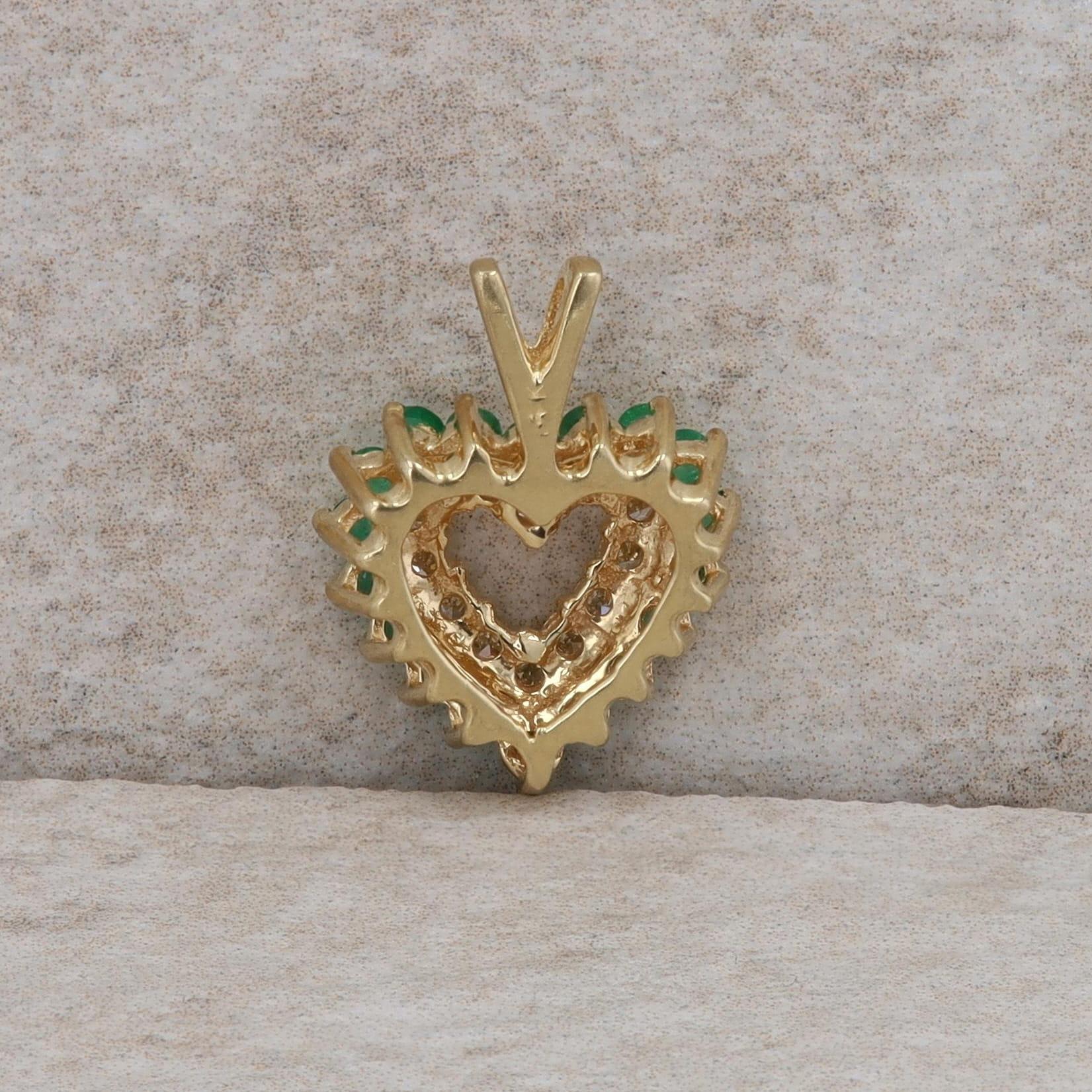 14k Yellow Gold Emerald and Diamond Double Row Heart Pendant