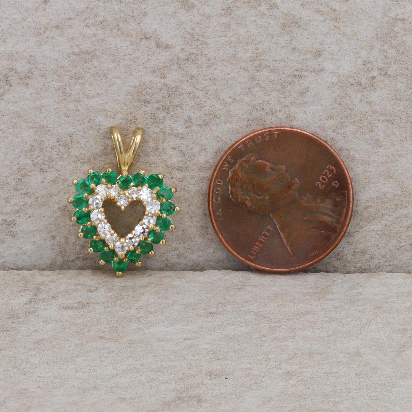 14k Yellow Gold Emerald and Diamond Double Row Heart Pendant