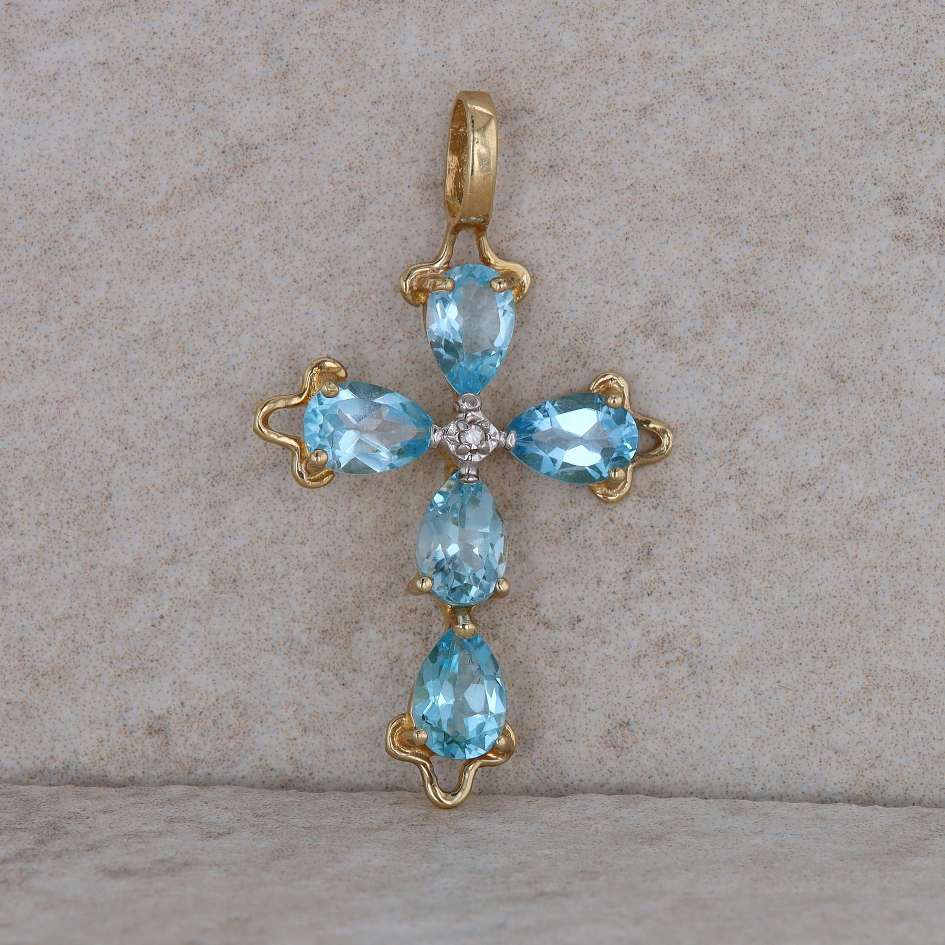 14k Yellow Gold Blue Topaz and Diamond Cross Pendant