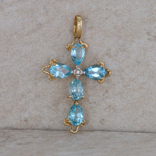 14k Yellow Gold Blue Topaz and Diamond Cross Pendant