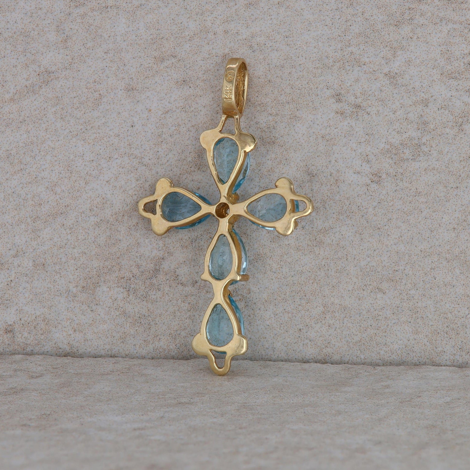 14k Yellow Gold Blue Topaz and Diamond Cross Pendant