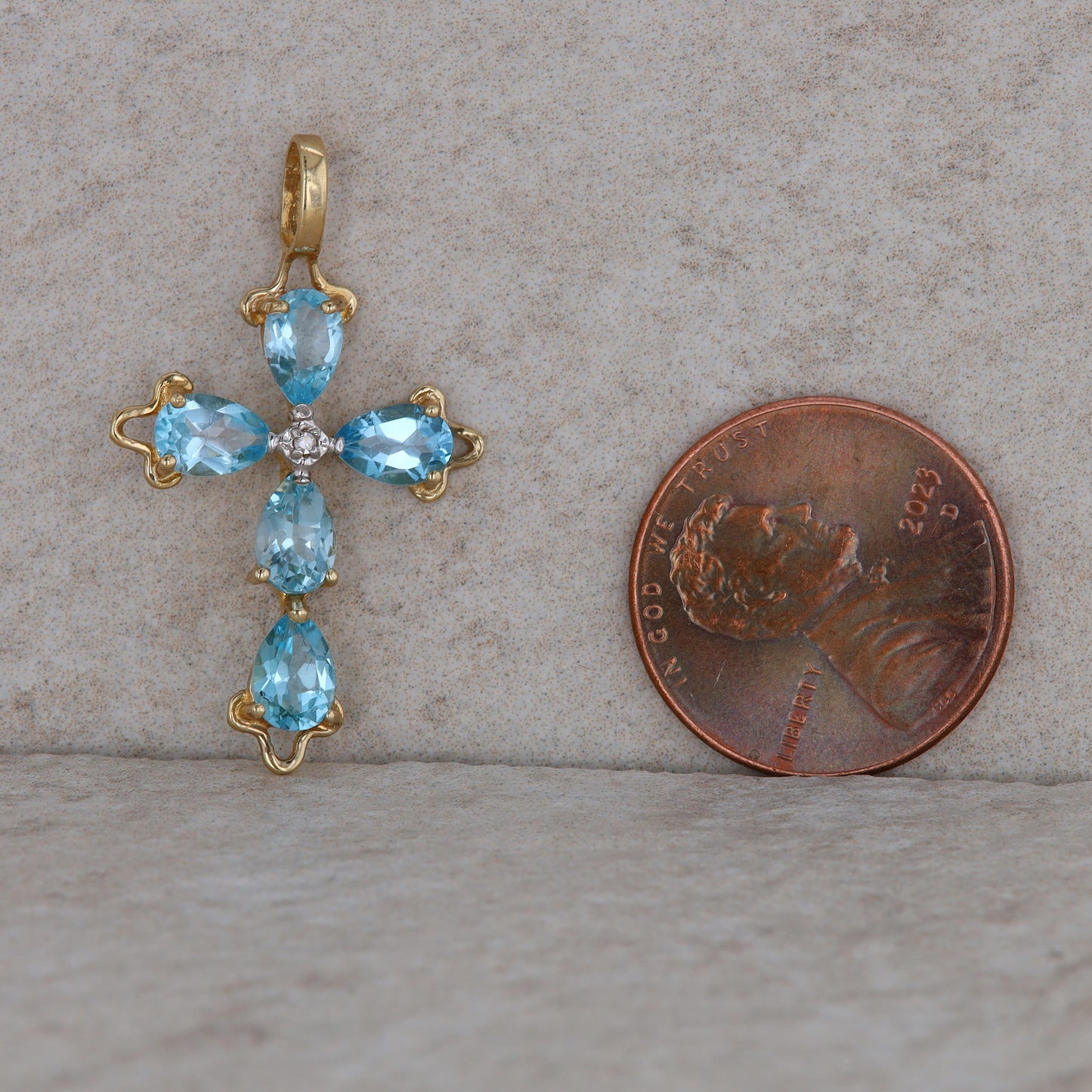 14k Yellow Gold Blue Topaz and Diamond Cross Pendant