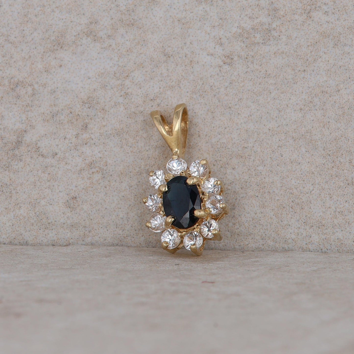 14k Yellow Gold Sapphire and Diamond Halo Pendant