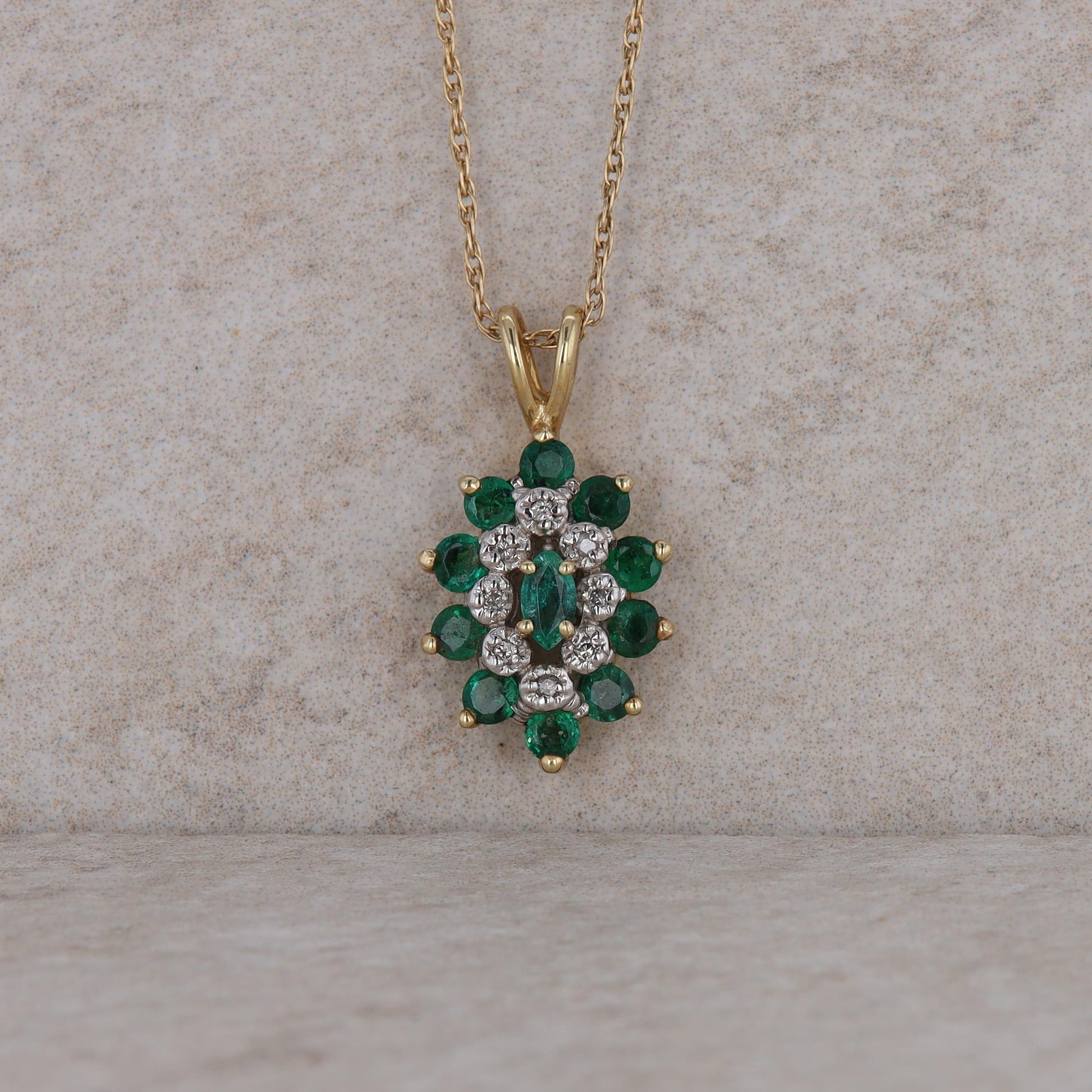 10k Yellow Gold Marquise Emerald and Diamond Halo Cluster Necklace