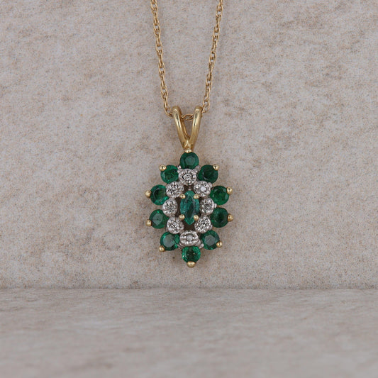 10k Yellow Gold Marquise Emerald and Diamond Halo Cluster Necklace