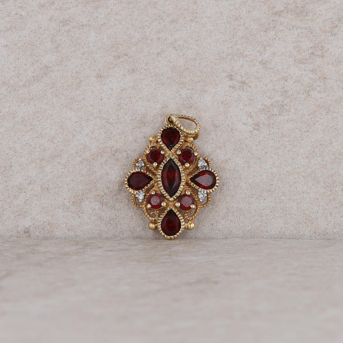 10k Yellow Gold Garnet and Diamond Milgrain Pendant