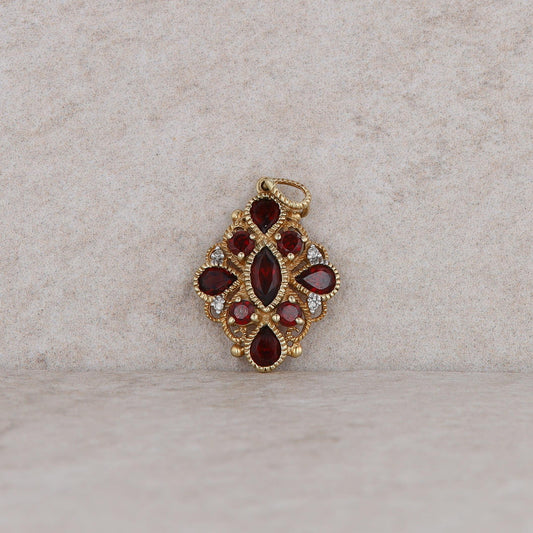 10k Yellow Gold Garnet and Diamond Milgrain Pendant