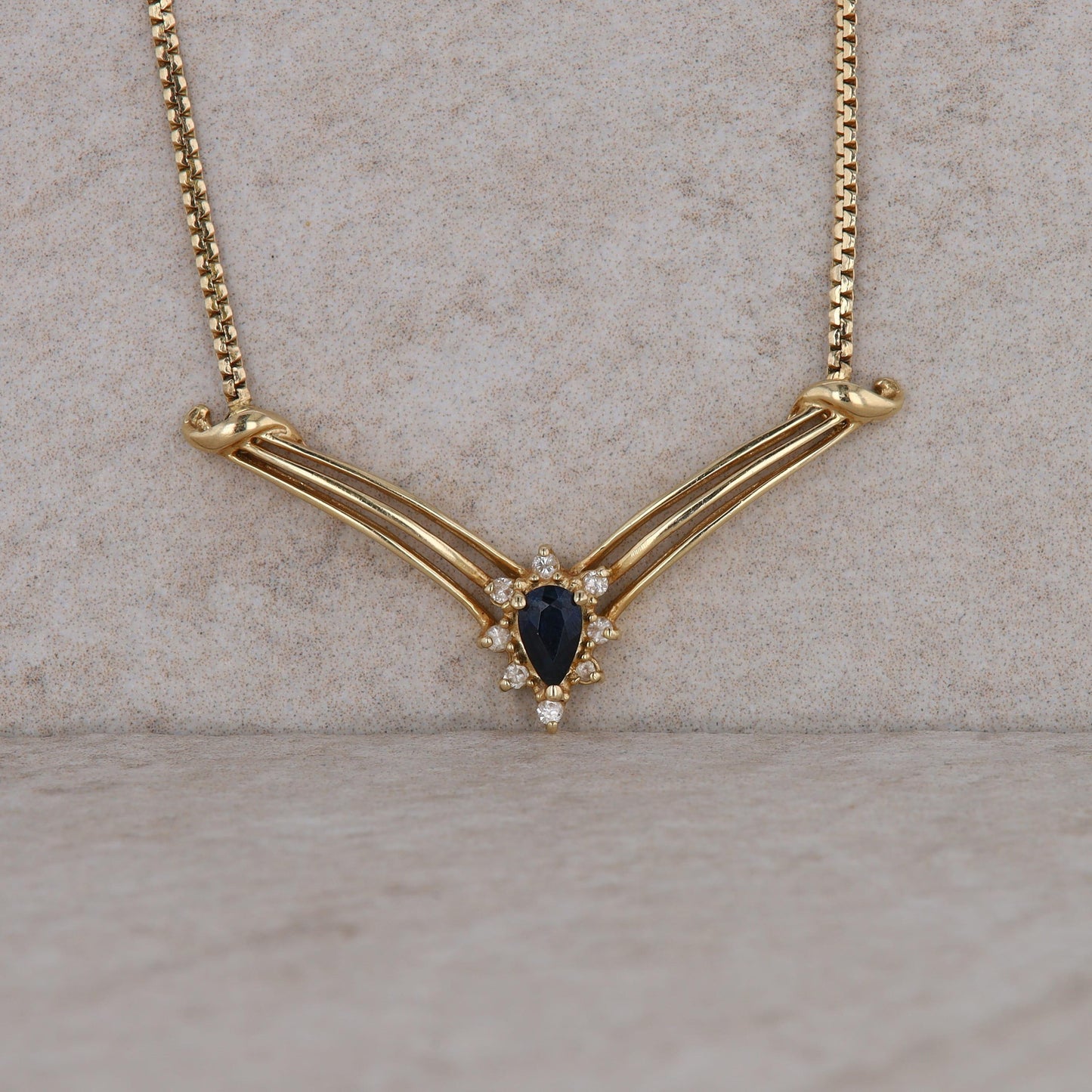 14k Yellow Gold V Shaped Sapphire and Diamond Halo Necklace