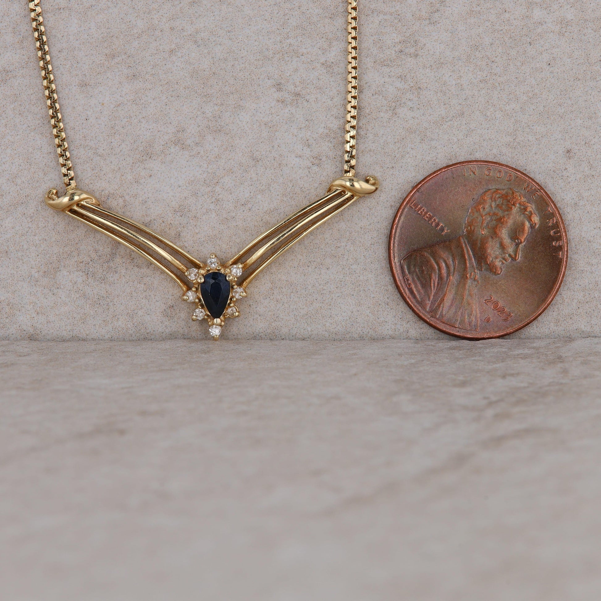 14k Yellow Gold V Shaped Sapphire and Diamond Halo Necklace