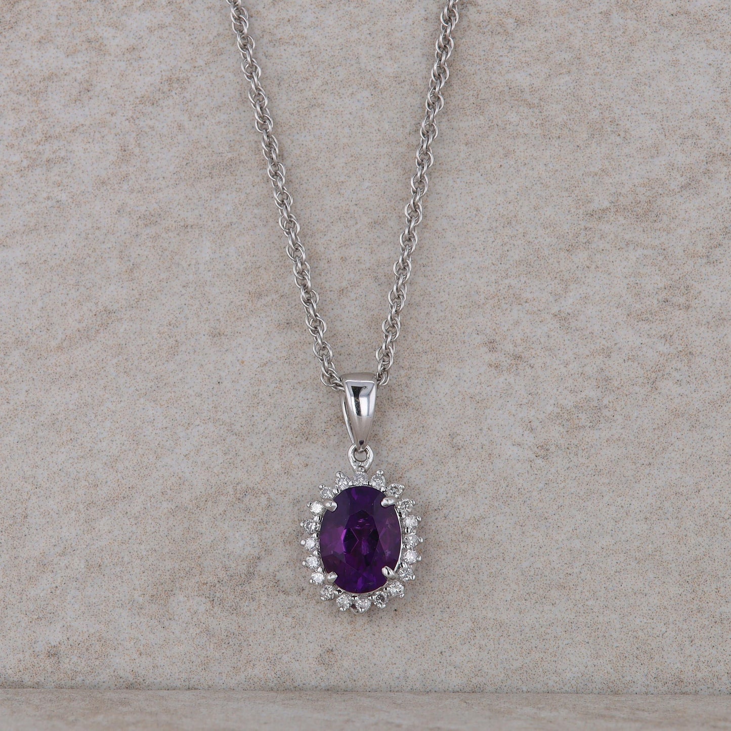 14k White Gold Amethyst and Diamond Halo Necklace