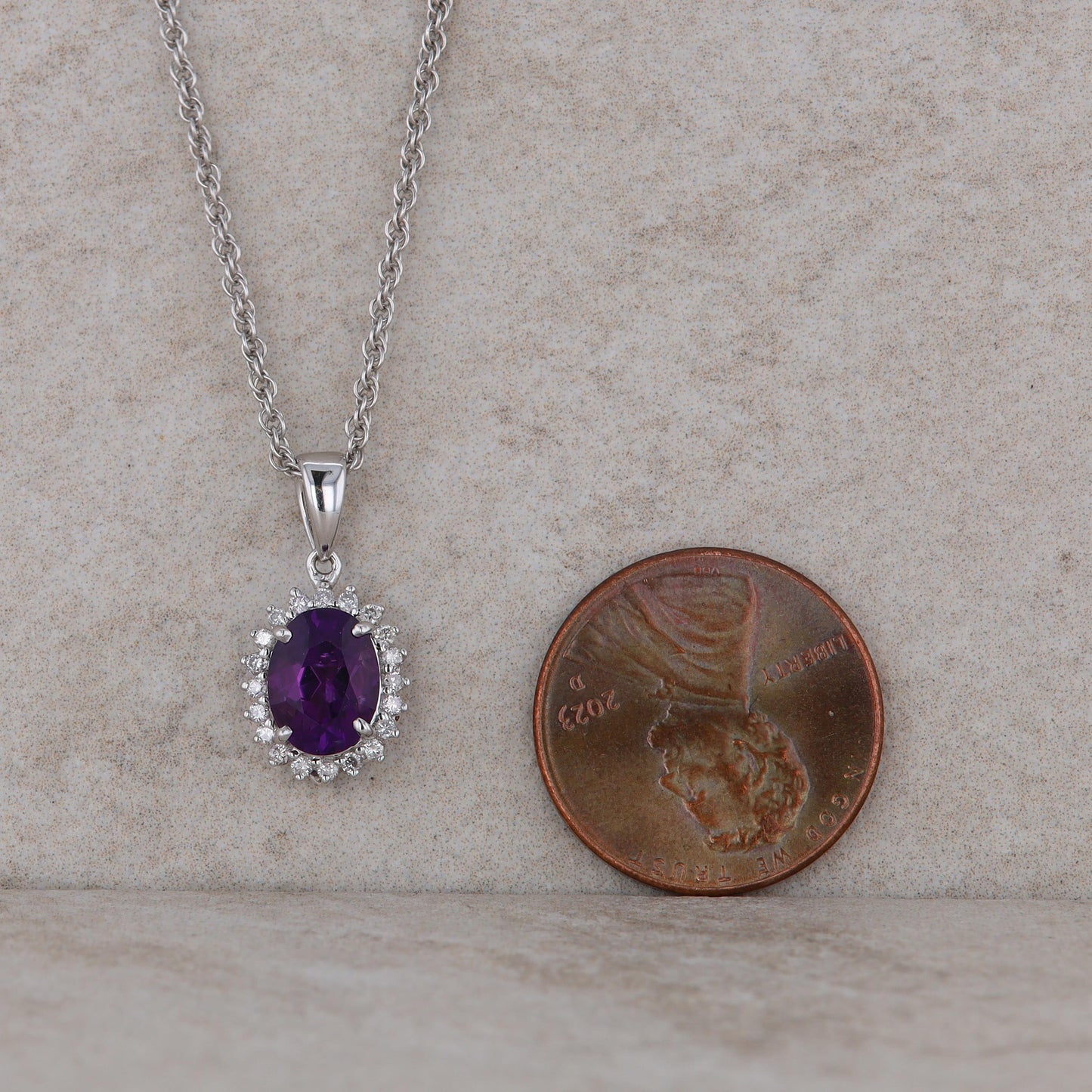 14k White Gold Amethyst and Diamond Halo Necklace