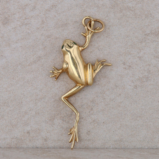 14k Yellow Gold Frog Pendant with Round Emerald Eyes