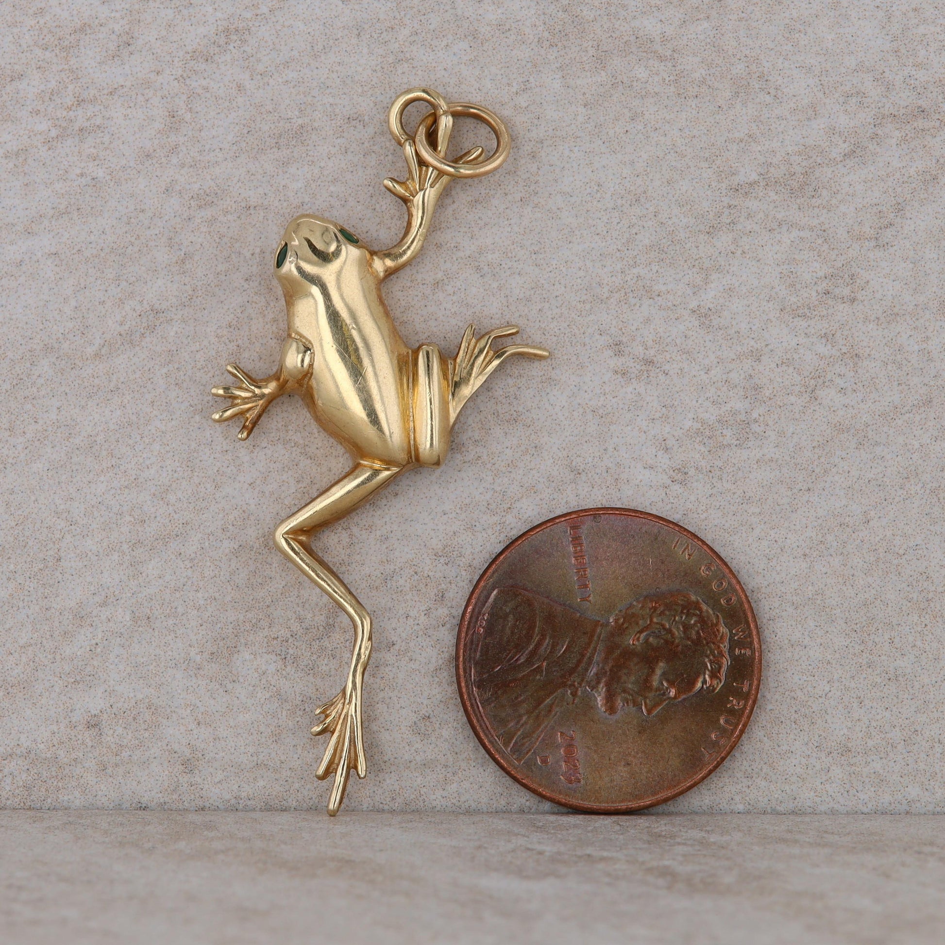 14k Yellow Gold Frog Pendant with Round Emerald Eyes