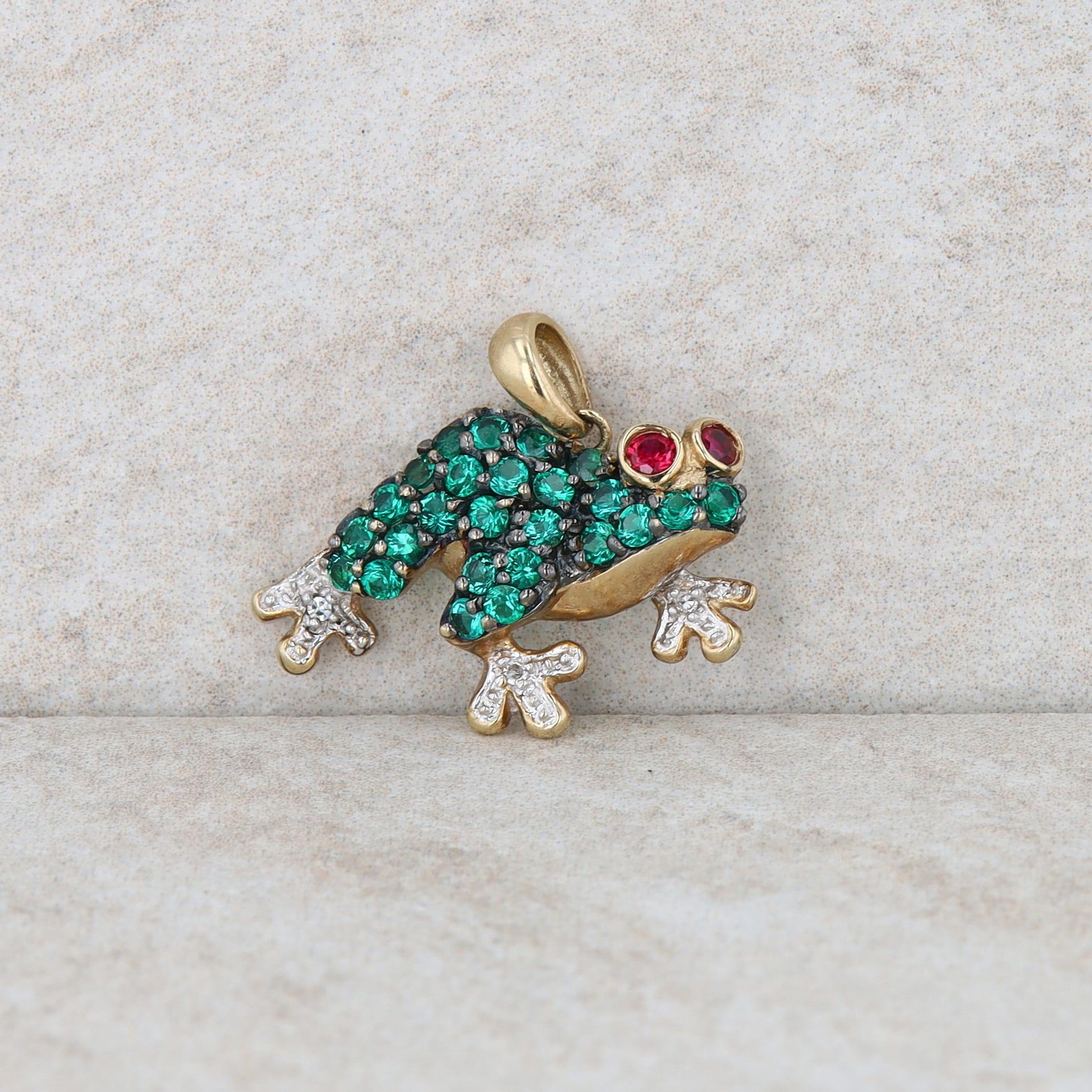 10k Yellow Gold Synthetic Emerald, Synthetic Ruby Frog Charm/Pendant