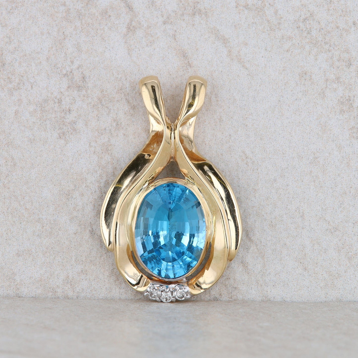 14k Yellow Gold Blue Topaz and Diamond Oval Pendant