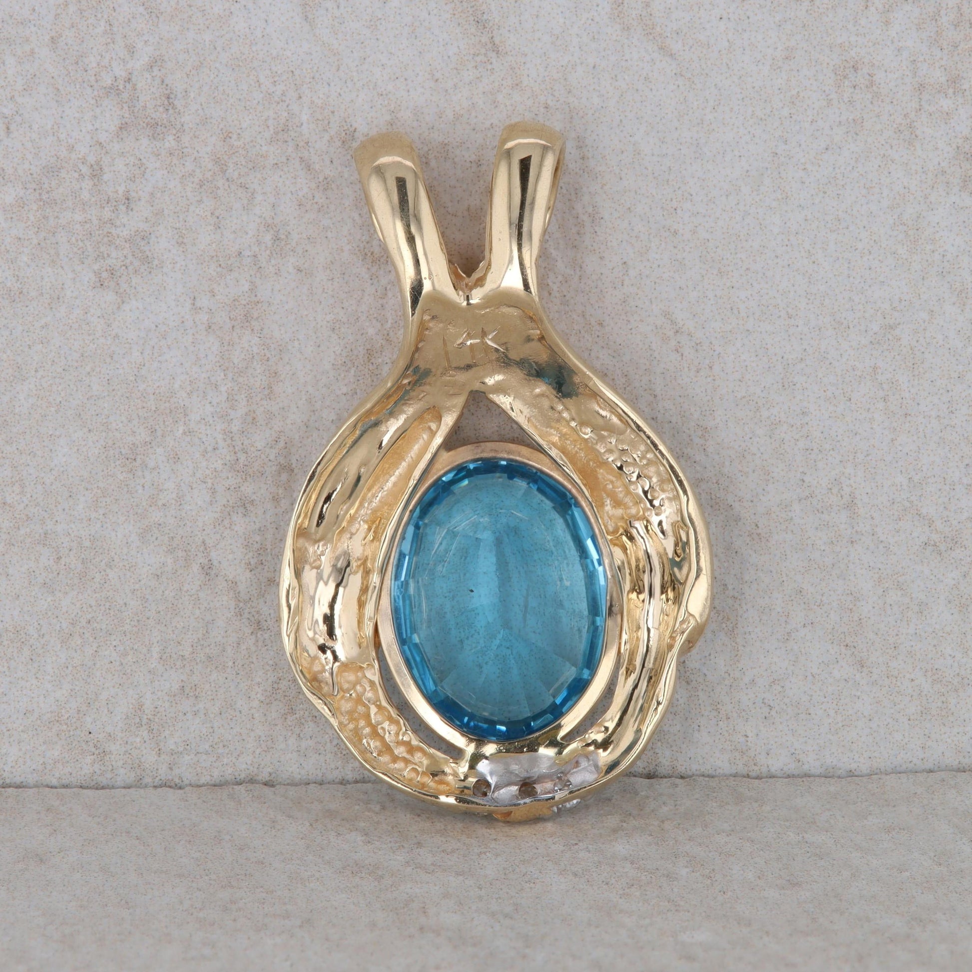 14k Yellow Gold Blue Topaz and Diamond Oval Pendant