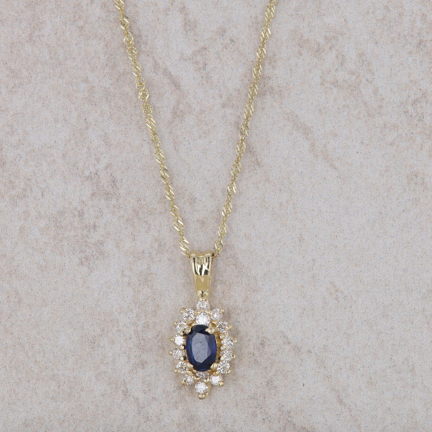 10k Yellow Gold Sapphire and Diamond Halo Necklace