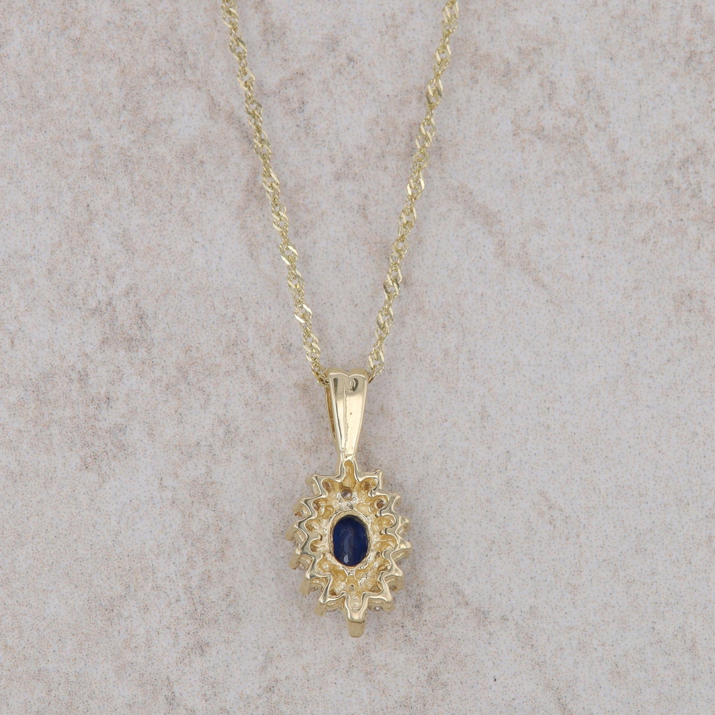 10k Yellow Gold Sapphire and Diamond Halo Necklace
