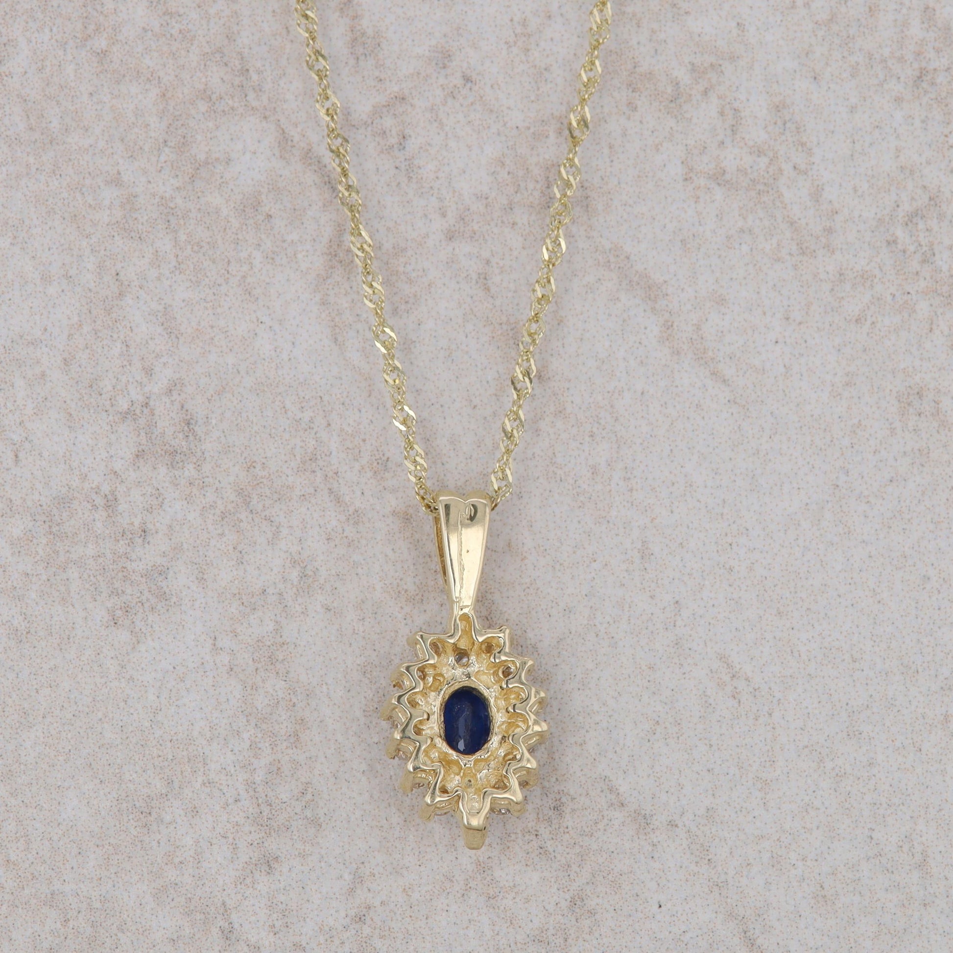 10k Yellow Gold Sapphire and Diamond Halo Necklace