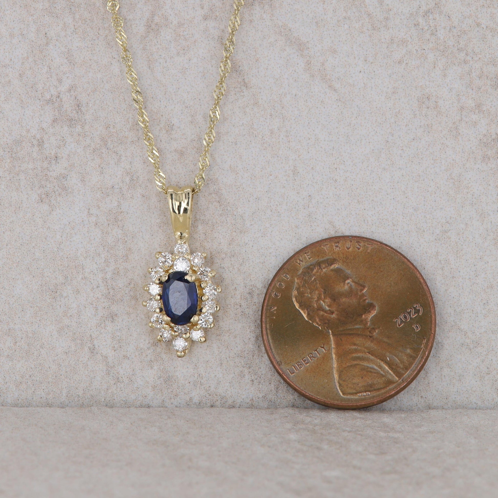 10k Yellow Gold Sapphire and Diamond Halo Necklace