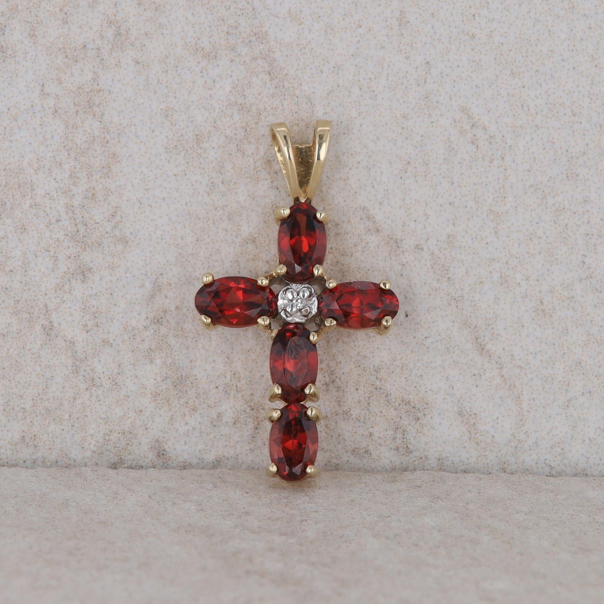 10k Yellow Gold Diamond and Garnet Cross Pendant