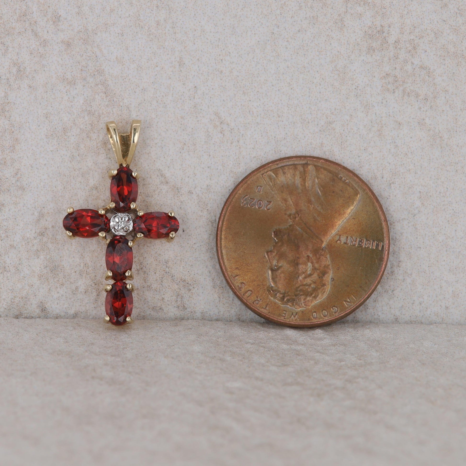 10k Yellow Gold Diamond and Garnet Cross Pendant