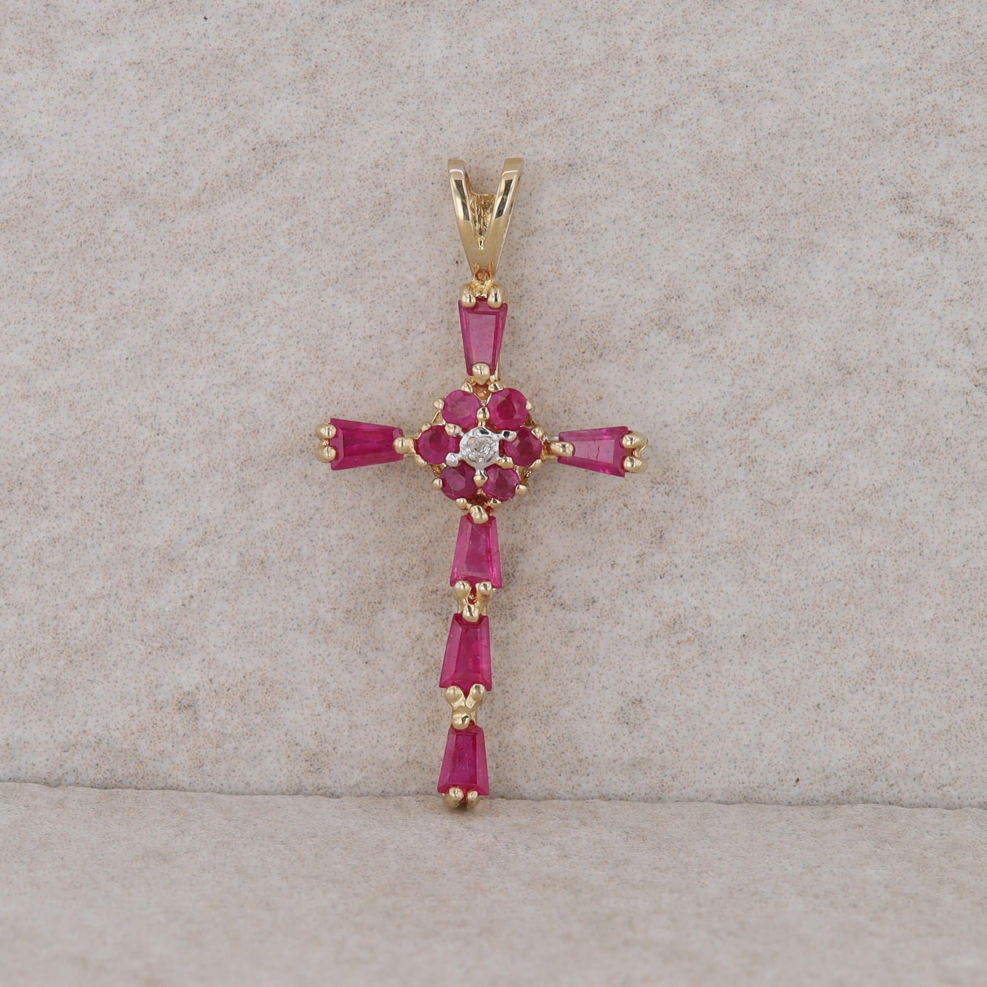 14k Yellow Gold Ruby and Diamond Cross Pendant