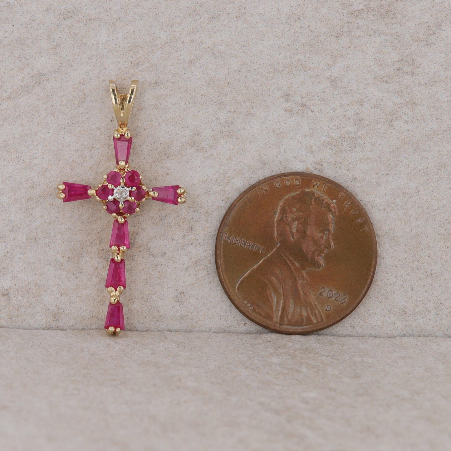 14k Yellow Gold Ruby and Diamond Cross Pendant