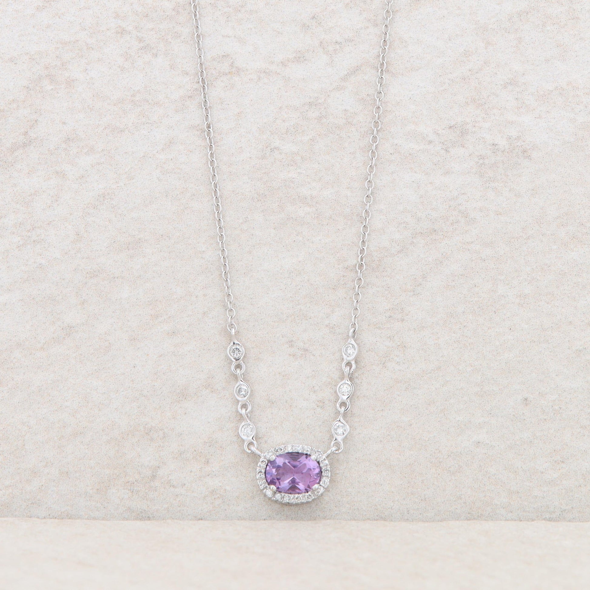 14k White Gold Oval Amethyst Halo Diamond Chain Necklace