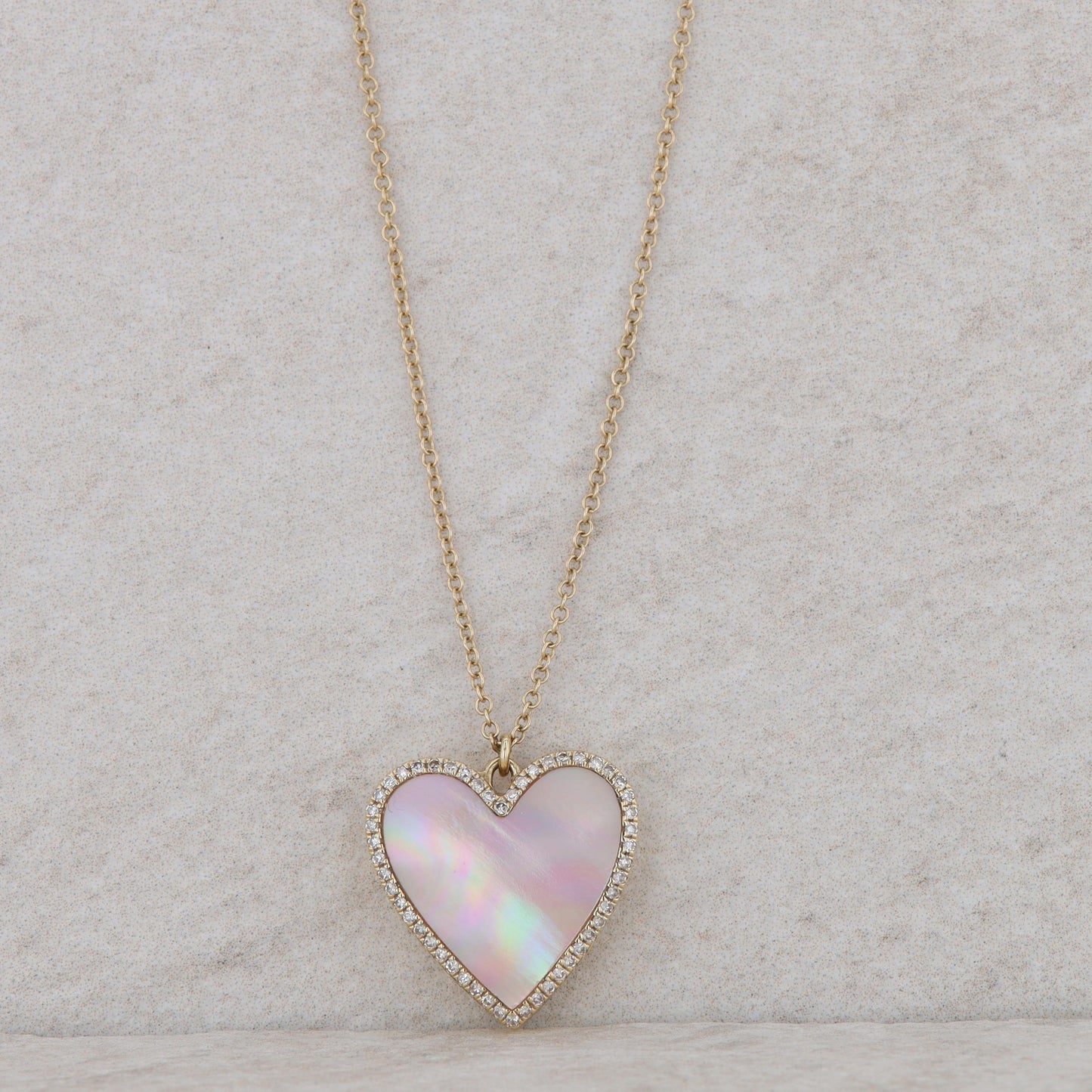 14k Yellow Gold Pink Mother of Pearl Heart Locket Necklace