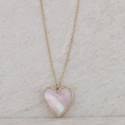 14k Yellow Gold Pink Mother of Pearl Heart Locket Necklace