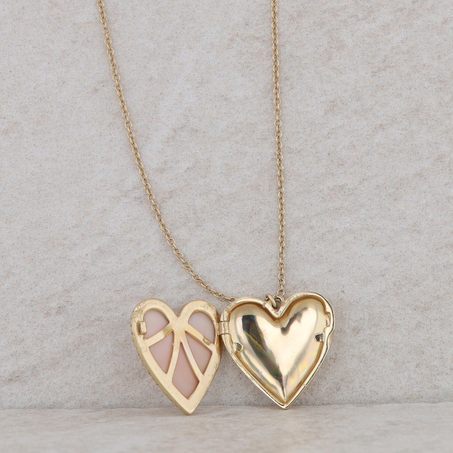 14k Yellow Gold Pink Mother of Pearl Heart Locket Necklace