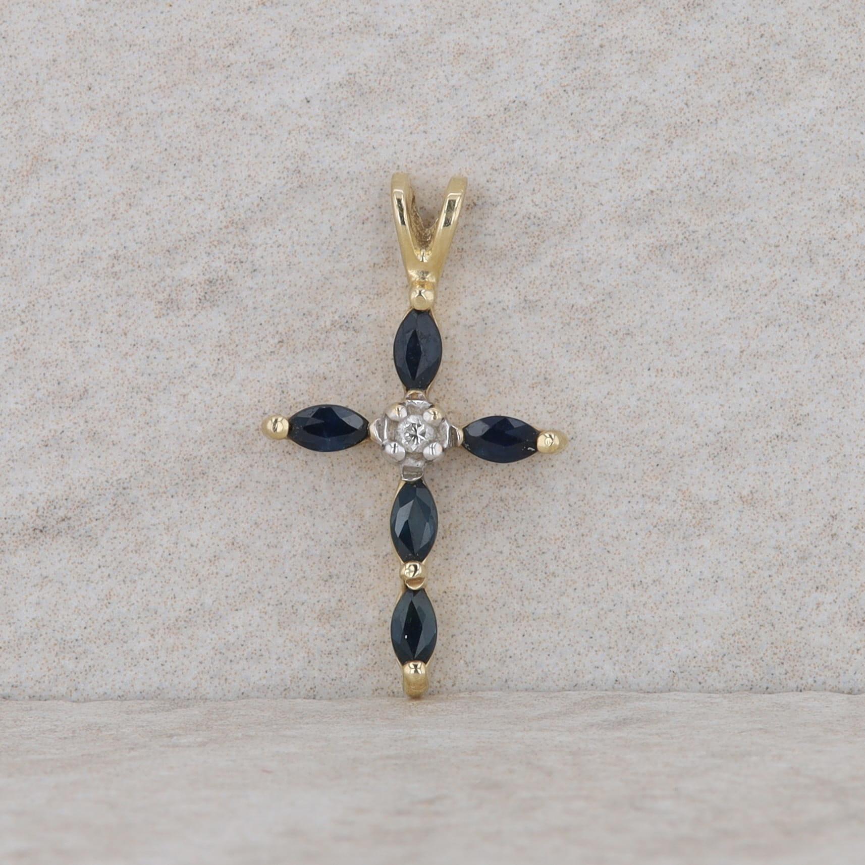 14k Yellow Gold Sapphire and Diamond Cross Pendant