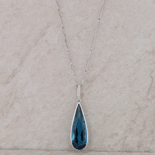 14k White Gold London Blue Pear and Diamond Necklace