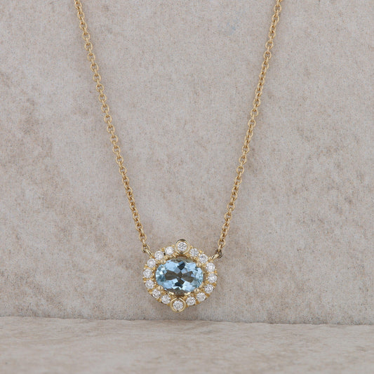 14k Yellow Gold Aquamarine and Diamond Halo Necklace