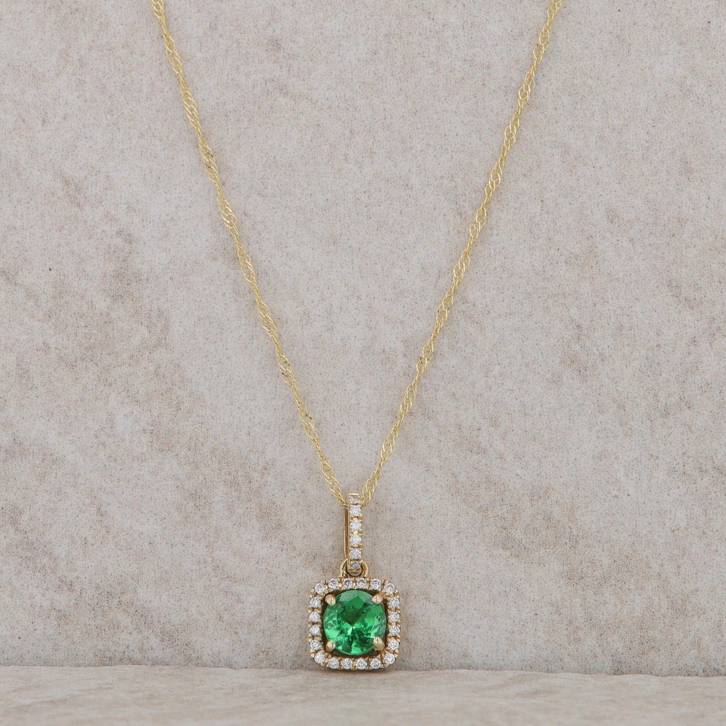 14k Yellow Gold Tsavorite Garnet and Diamond Halo Necklace