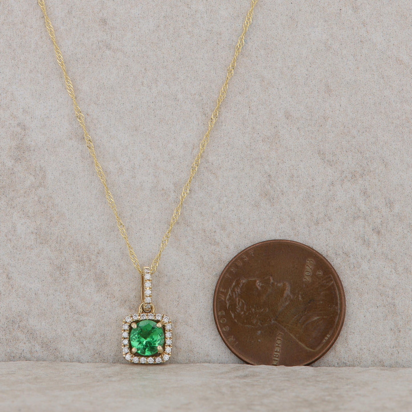 14k Yellow Gold Tsavorite Garnet and Diamond Halo Necklace