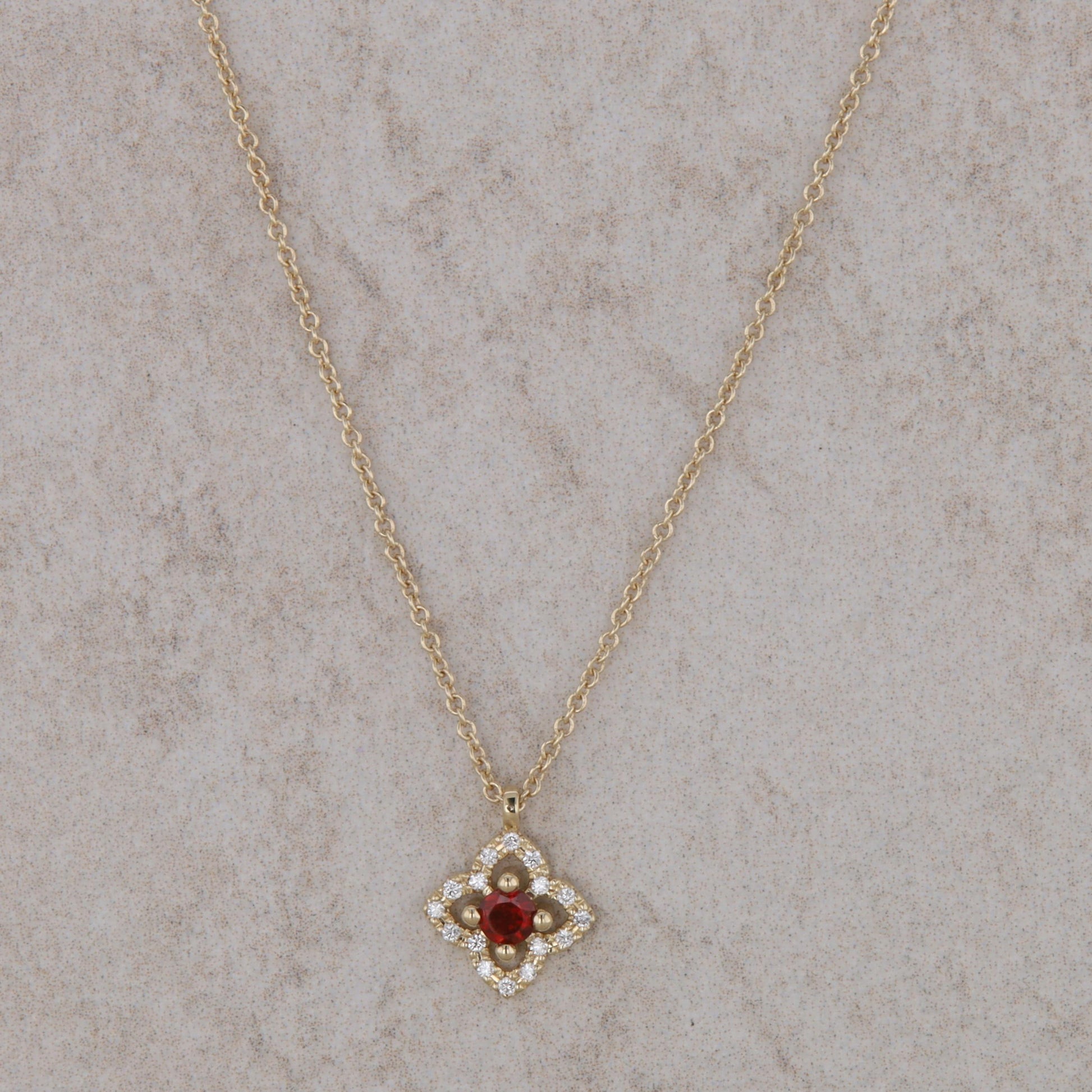 14k Yellow Gold Floral Design Diamond Halo and Garnet Necklace