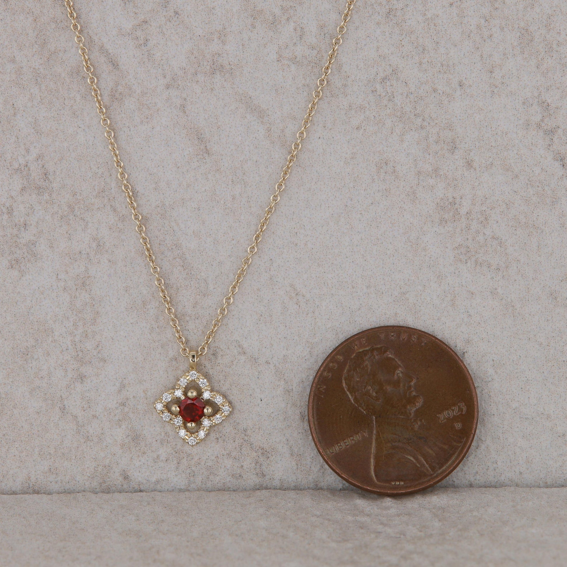 14k Yellow Gold Floral Design Diamond Halo and Garnet Necklace