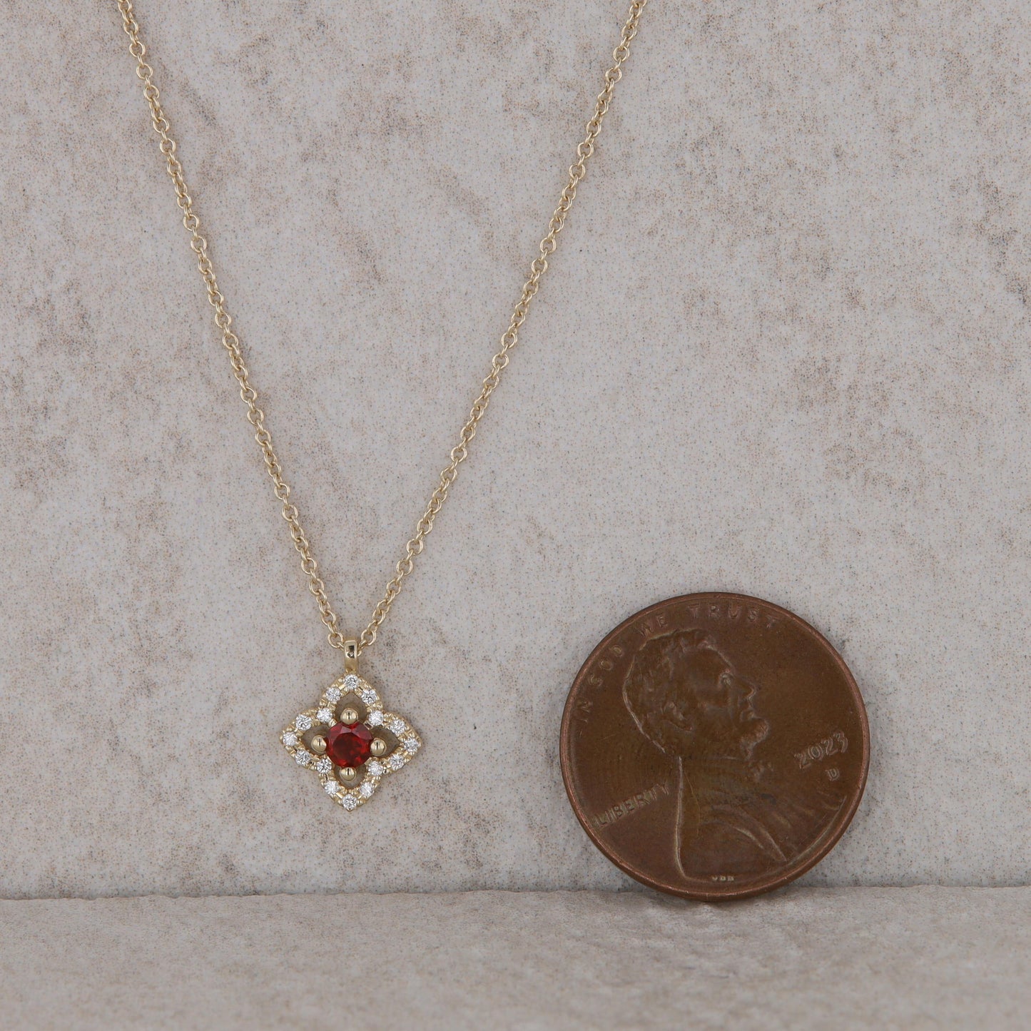 14k Yellow Gold Floral Design Diamond Halo and Garnet Necklace