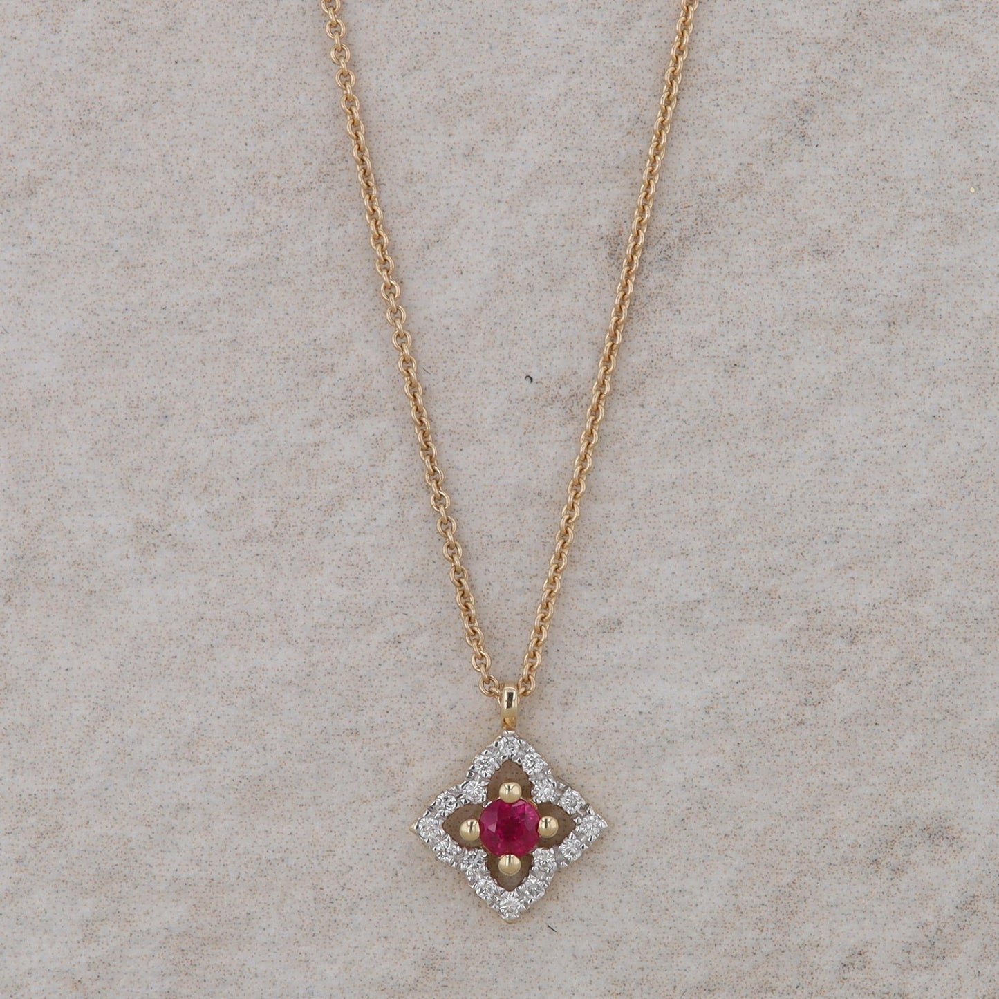 14k Yellow Gold Floral Design Diamond Halo and Ruby Necklace