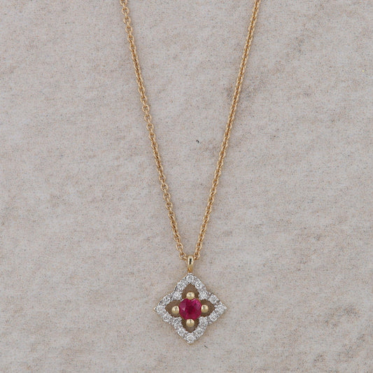 14k Yellow Gold Floral Design Diamond Halo and Ruby Necklace