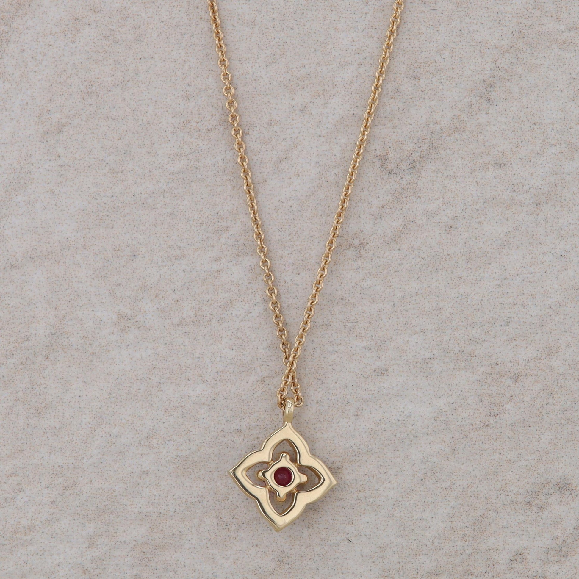 14k Yellow Gold Floral Design Diamond Halo and Ruby Necklace