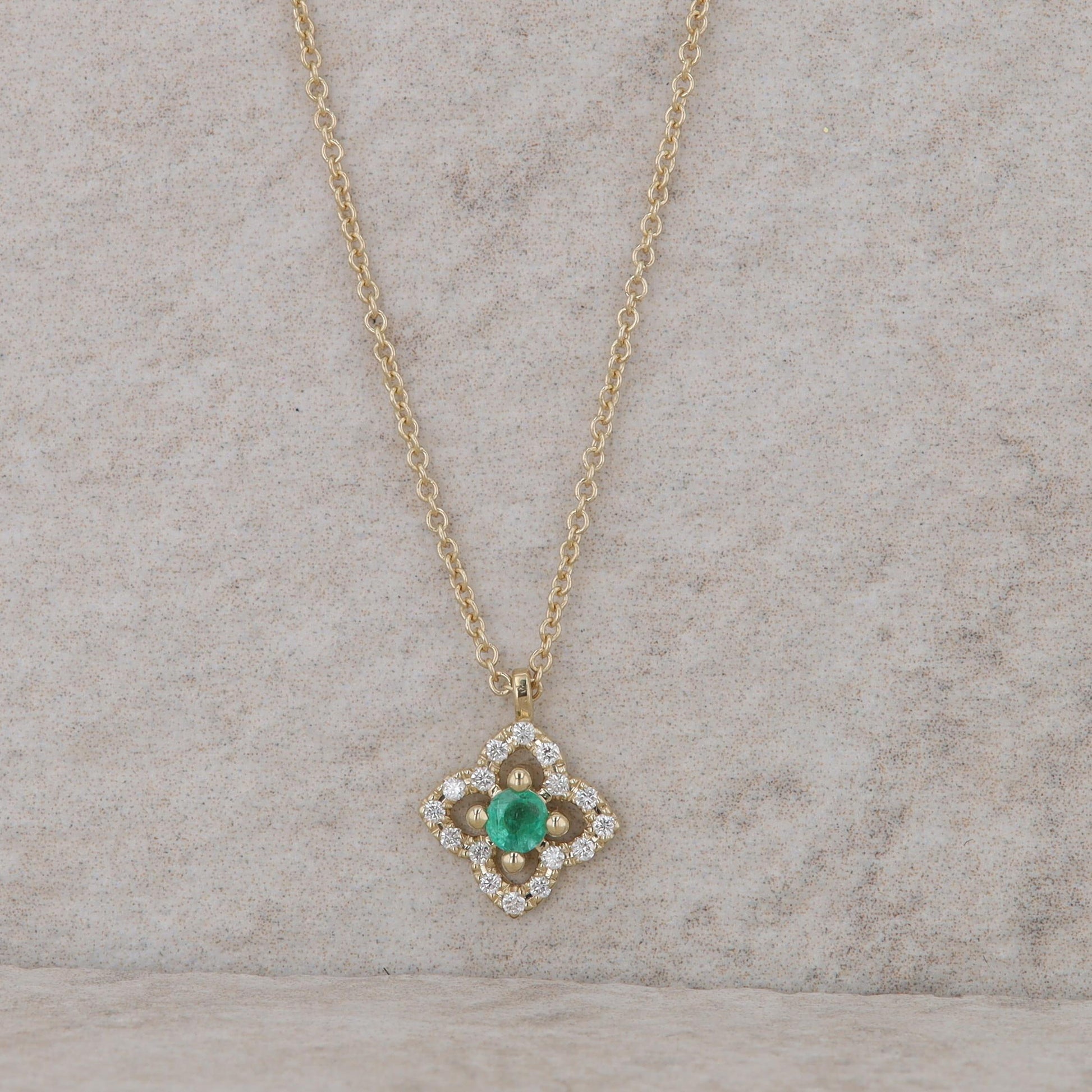 14k Yellow Gold Floral Design Diamond Halo and Emerald Necklace