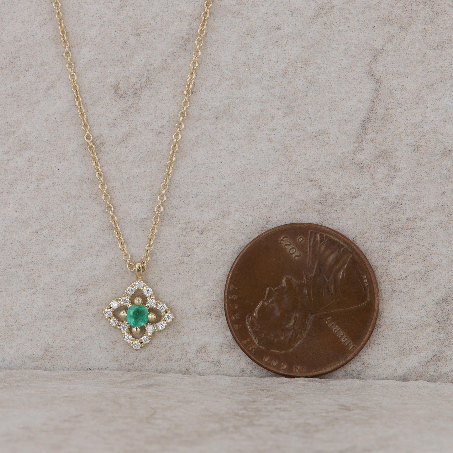 14k Yellow Gold Floral Design Diamond Halo and Emerald Necklace